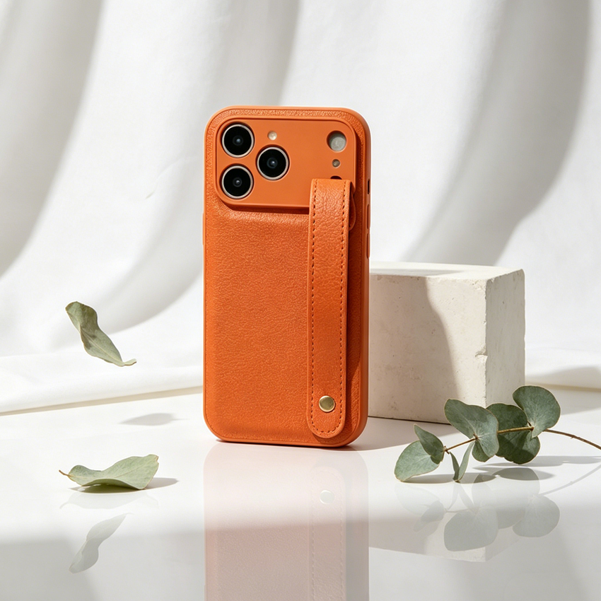 Holding Strap Custom Metal Logo Genuine Leather Phone Case Back Cover for iPhone 17 Pro Max
