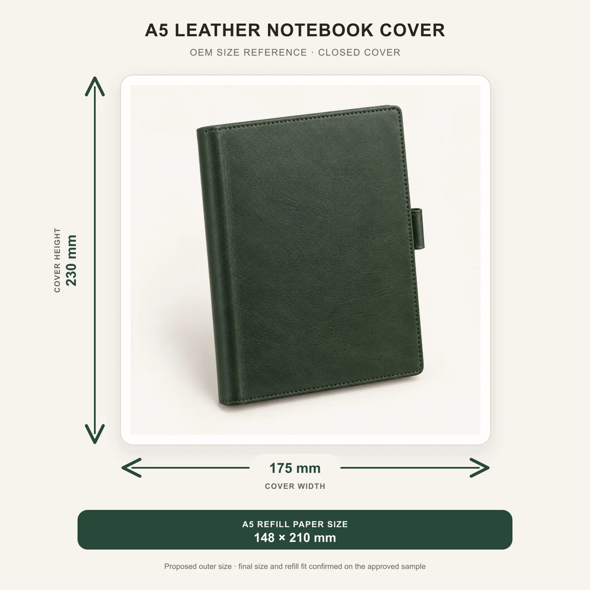 A5 leather notebook cover size reference, 175 by 230 mm