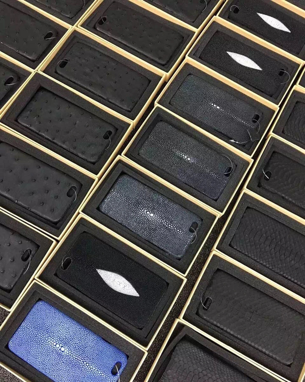 Stingray and ostrich leather phone cases arranged in presentation boxes
