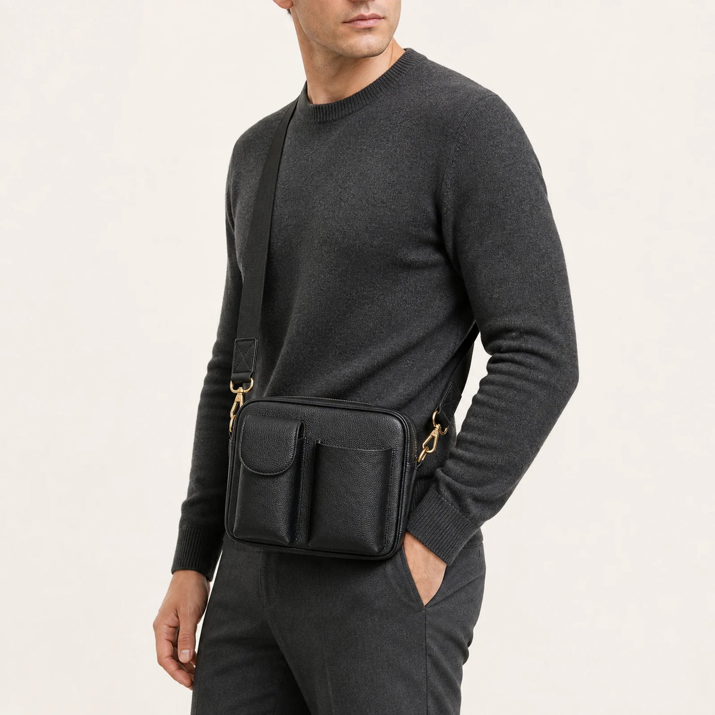 Custom Dual-Pocket Leather Crossbody Phone Bag lifestyle use reference