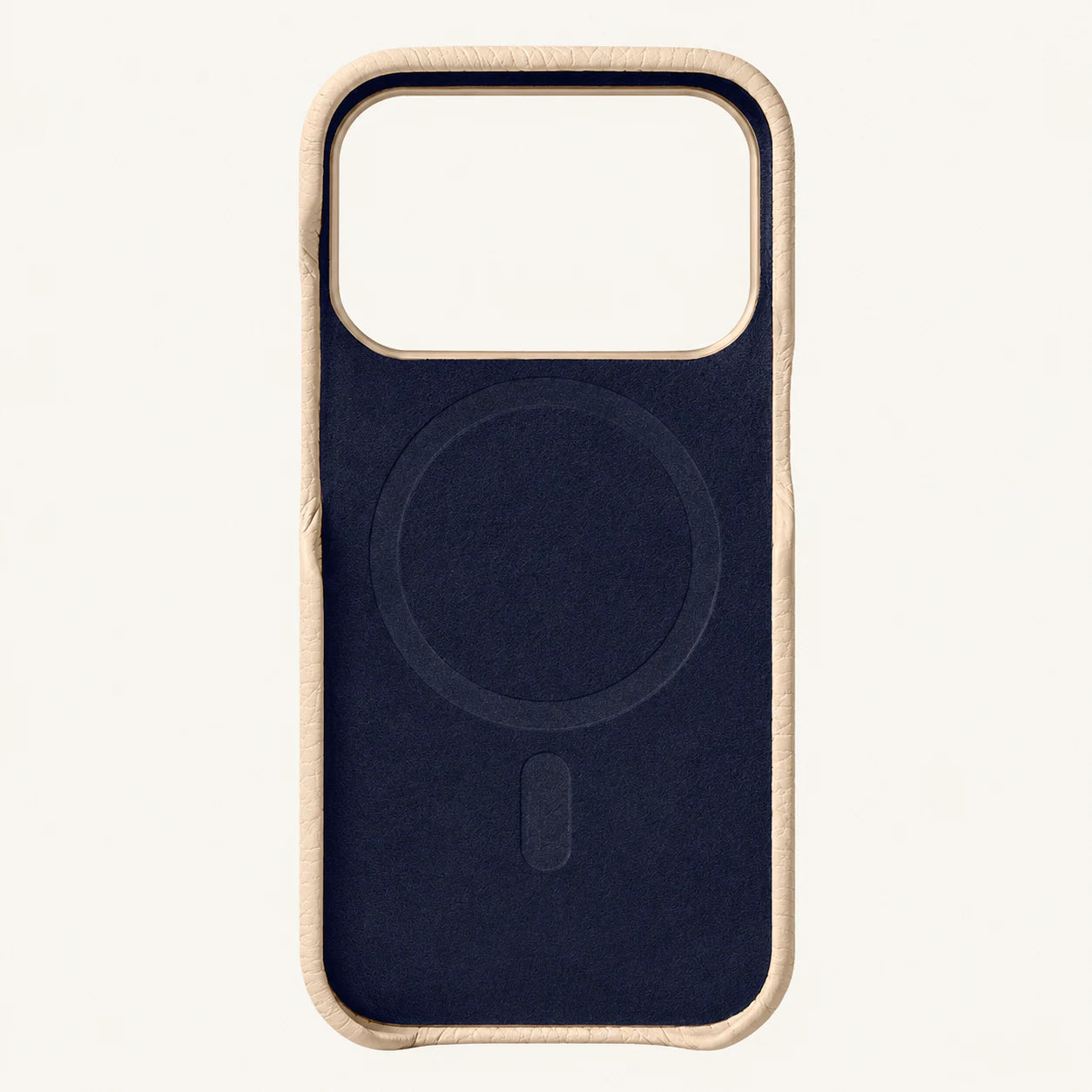 Beige top-grain leather iPhone 17 Pro case interior view