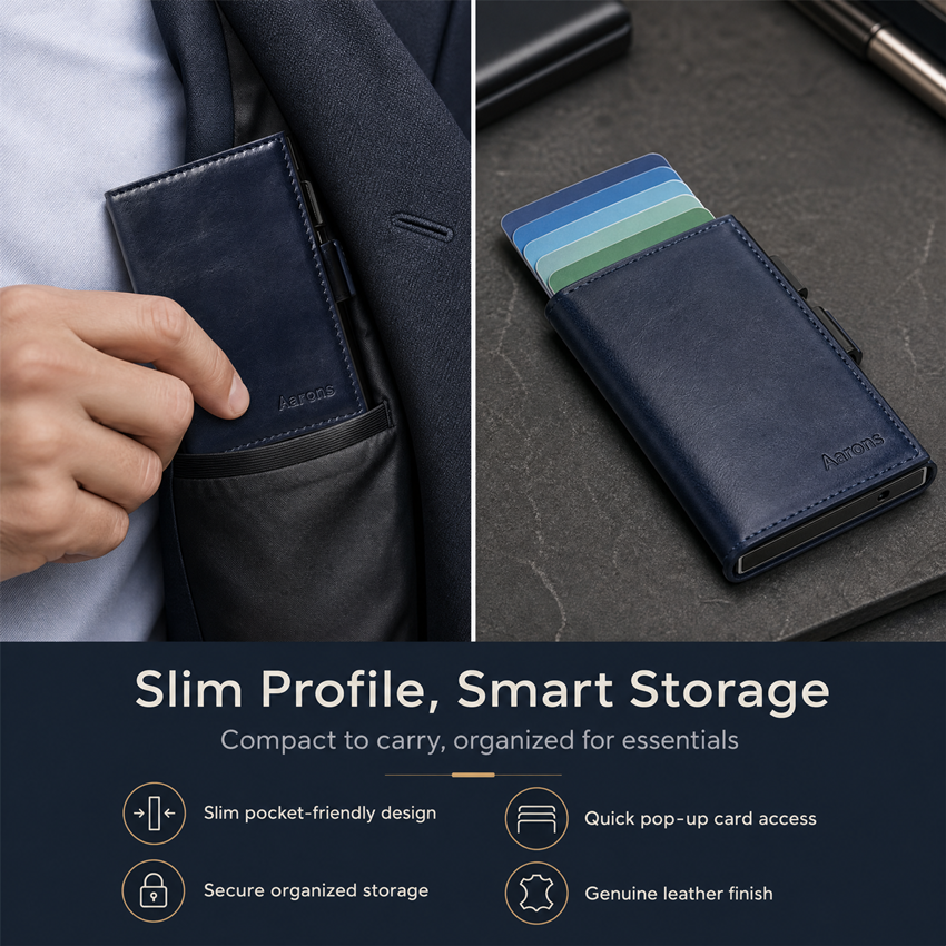 Navy genuine leather RFID pop-up aluminum card holder - image 14