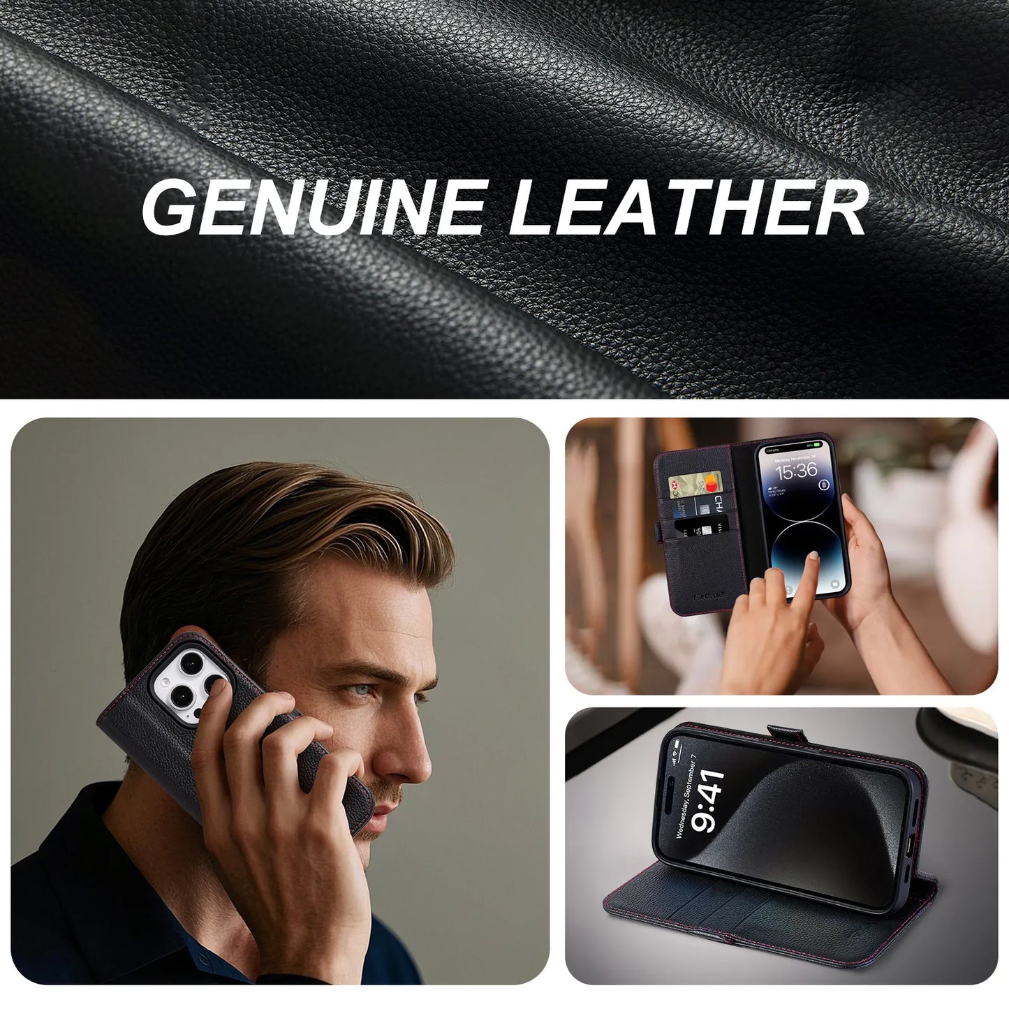 Black Leather Folio Flip Case for iPhone 16e (Wholesale/OEM Manufacturer)