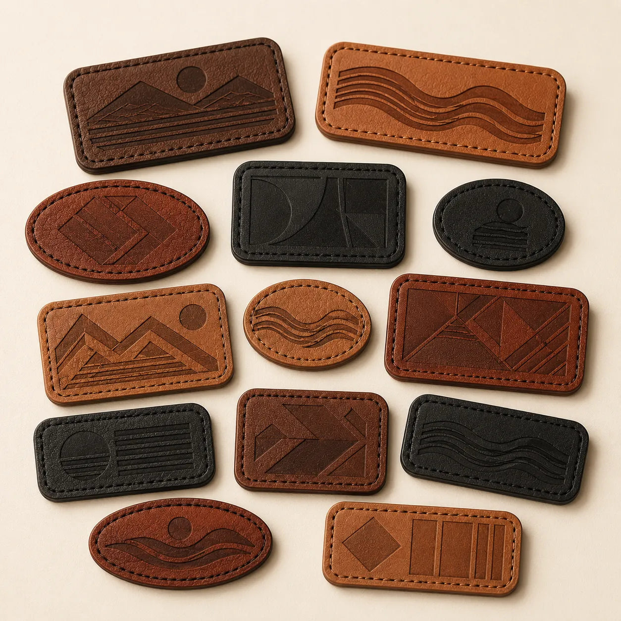 Laser engraved leather patch color shape and stitch-ready options for wholesale buyers