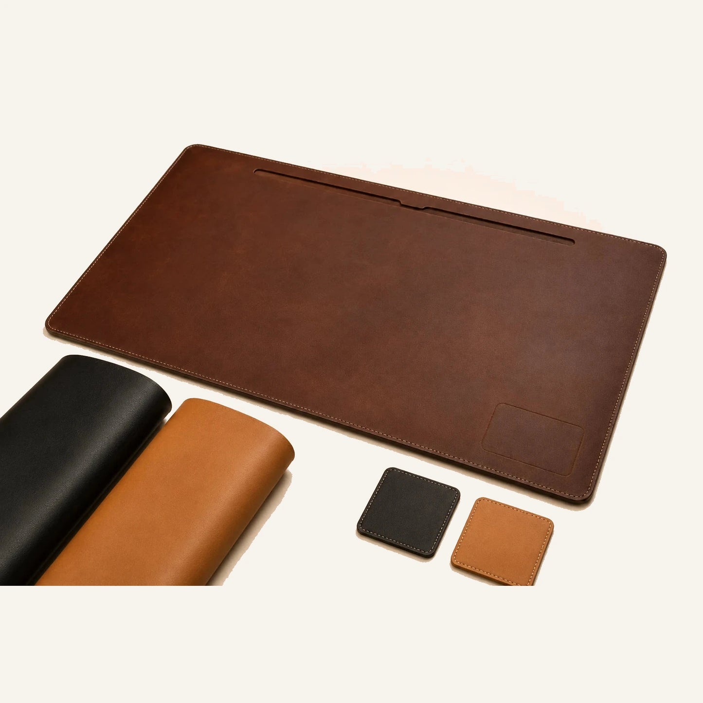 Leather desk mat with cable slot color swatches for private label office accessory orders