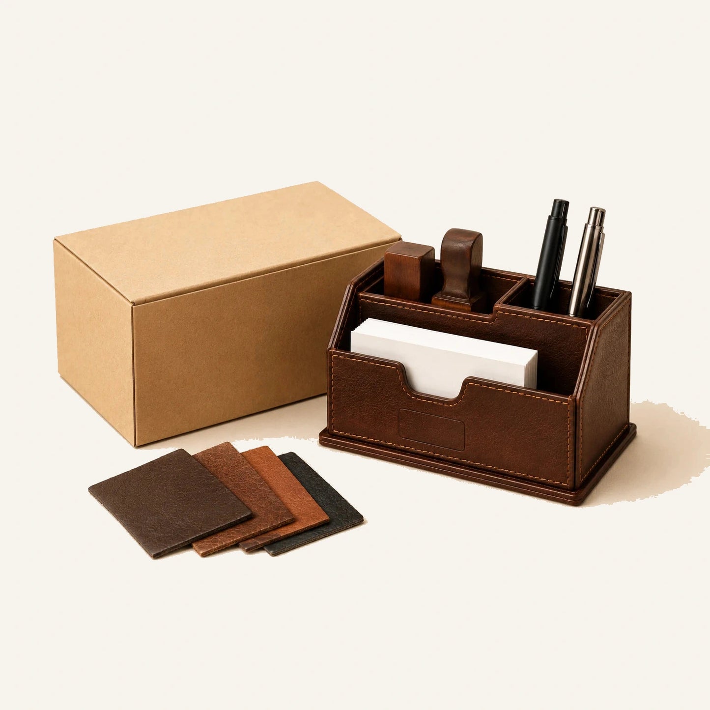 Leather stamp holder and desk organizer with plain packaging for private label orders