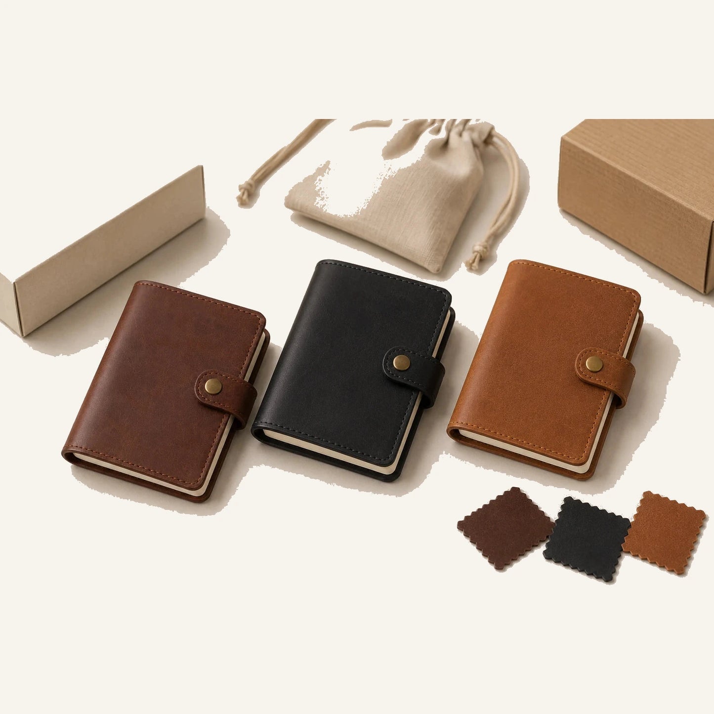 Pocket leather notebook cover snap closure color and packaging options for customization