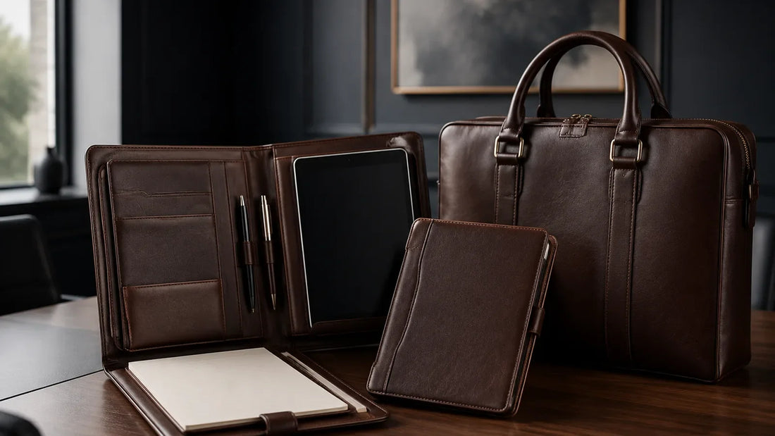 Brown leather executive case set with meeting portfolio, tablet folio and document carry bag on a walnut desk