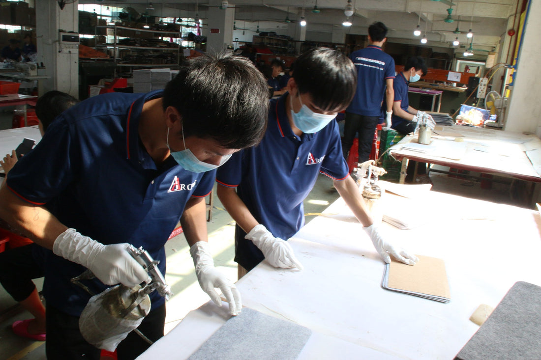 Aarons Leather production team preparing leather components in the workshop