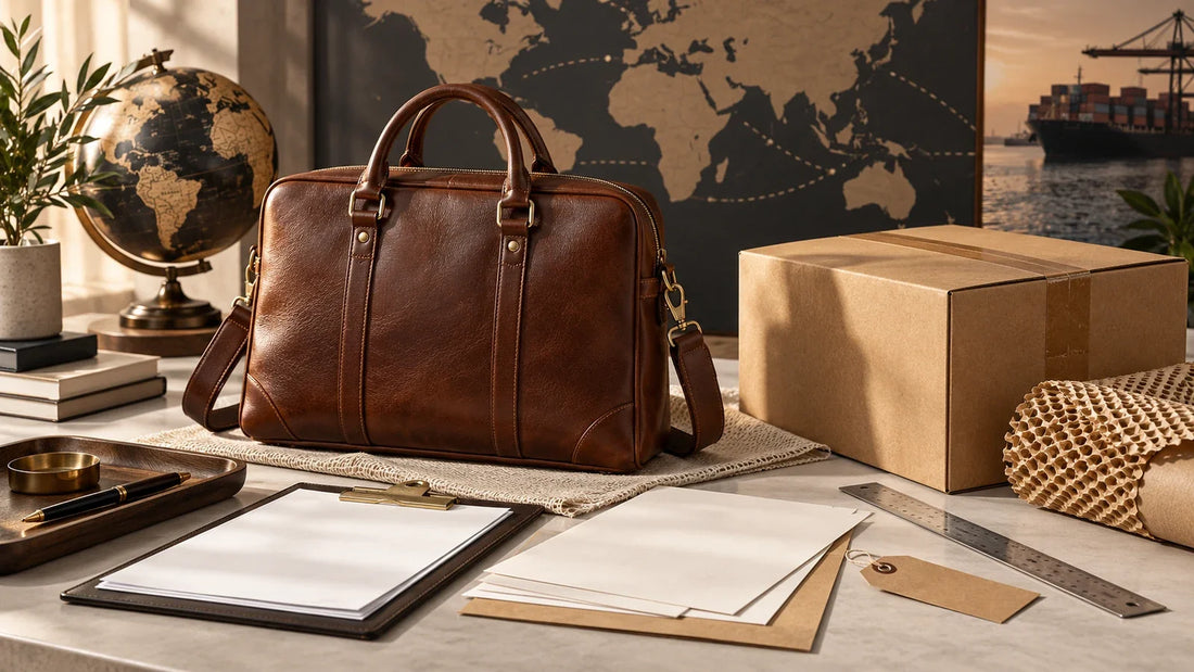 Conceptual leather bag export documentation and carton handover workspace