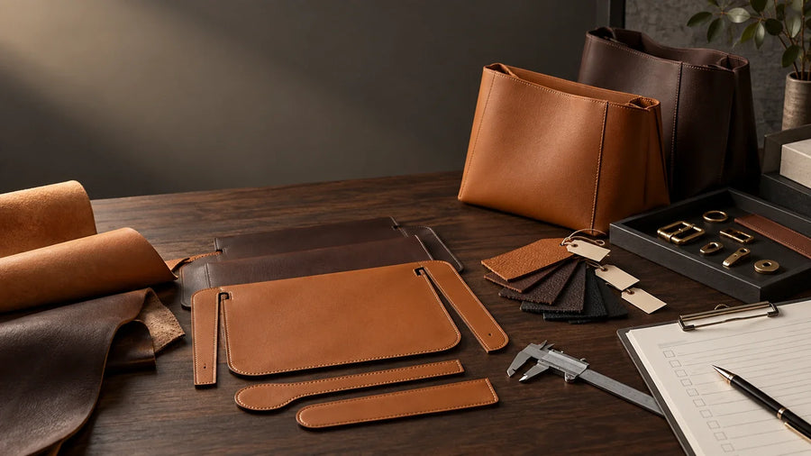 Leather goods factory audit planning table with leather components, hardware, caliper and checklist