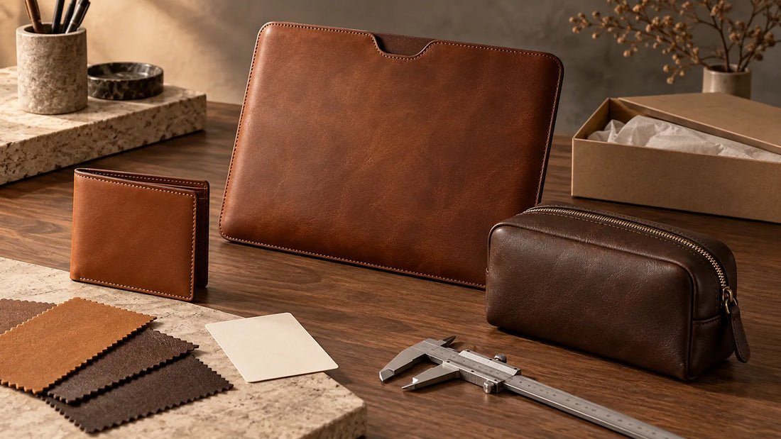 Leather goods pilot order setup with three sample products, swatches, caliper and packaging