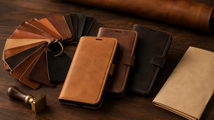 Three wholesale leather wallet phone cases with leather swatches and OEM sampling tools on a workshop desk