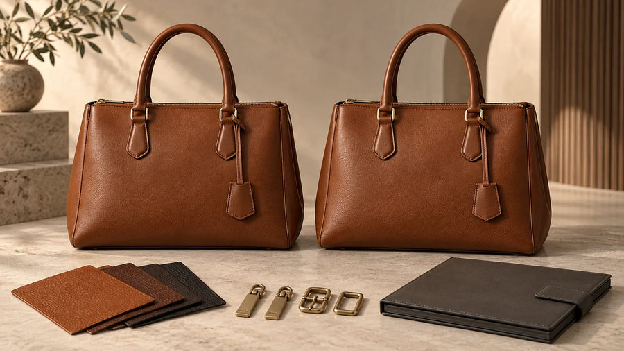 Two premium leather bags compared for wholesale reorder color, shape and hardware consistency