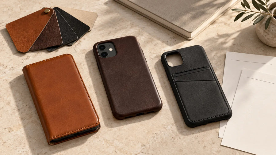 Conceptual leather phone case samples and specification references for comparing supplier quotes