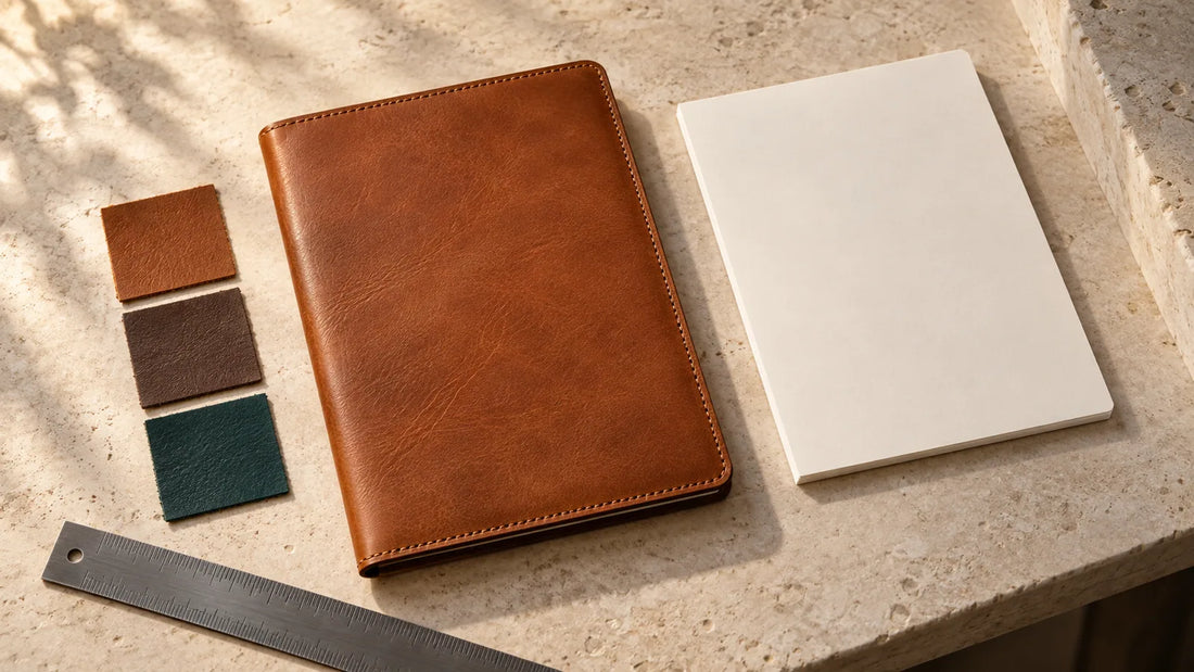 A5 leather notebook cover, paper insert, leather swatches and ruler arranged for an ODM specification review