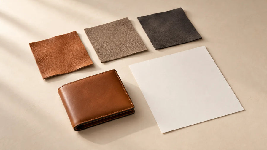 Conceptual leather swatches, an unbranded wallet sample and a blank specification sheet