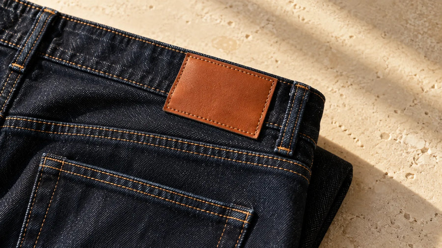 Concept scene of a plain cognac leather waistband patch stitched onto dark indigo jeans