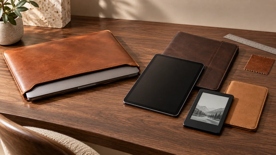 Premium leather laptop, tablet and e-reader case directions arranged in a warm studio setting