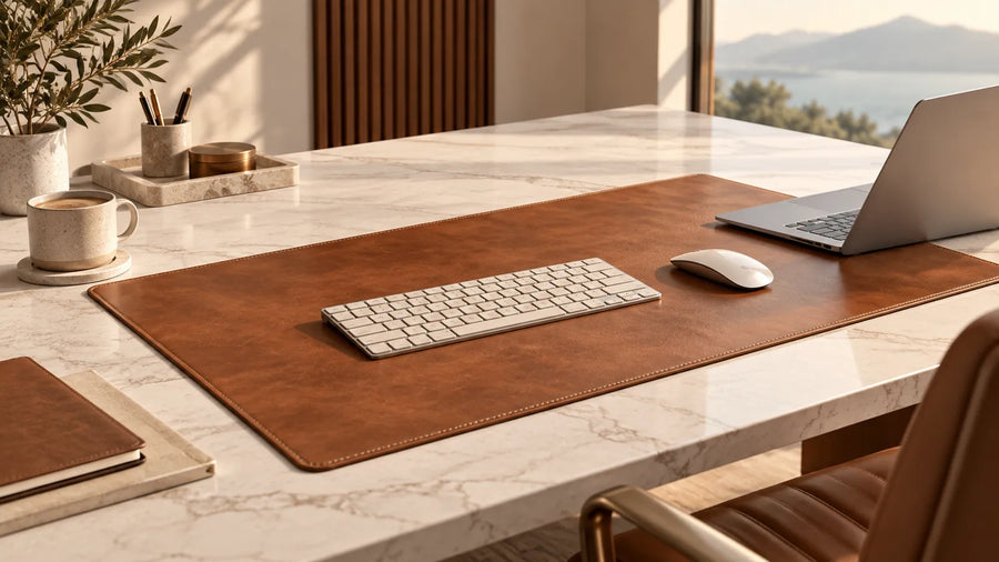 AI concept of a cognac leather desk mat on a pale sintered stone office desk