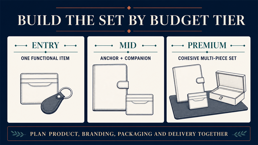 Corporate leather gift set planning by entry, mid and premium budget tiers