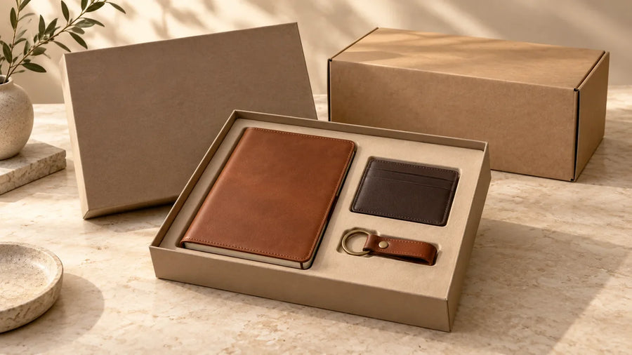 Concept leather notebook, card holder and keychain arranged as a coordinated corporate gift kit