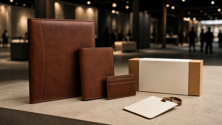 Corporate leather gift set with portfolio, notebook, card holder, packaging and luggage tag at a trade show