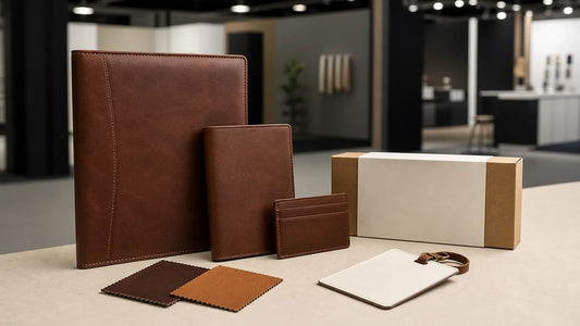 Coordinated corporate leather gift set prepared for a trade show OEM program