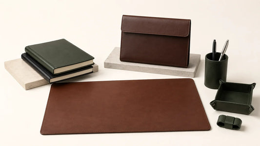 Corporate leather desk set with notebooks, portfolio, desk mat, tray, and pen cup for a custom business gift program