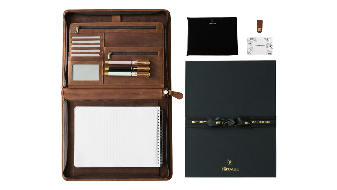 Crazy horse leather portfolio shown with private-label packaging and demonstration logo