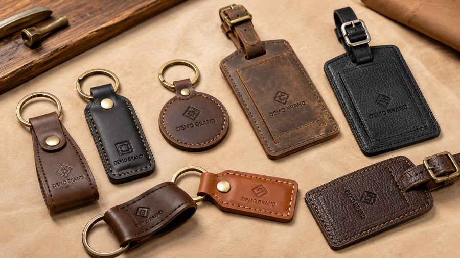 Custom leather keychains, leather keyrings, luggage tags, and packaging samples for private label projects