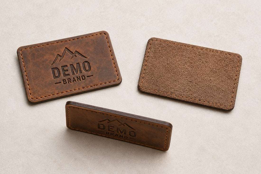Custom leather patch applied to a cap as a demonstration logo sample