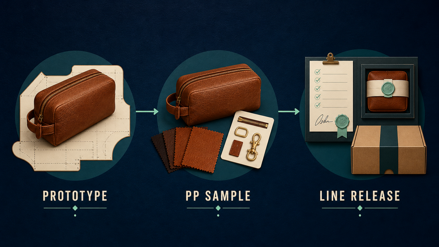 Leather product sampling process from prototype to PP sample and production line release