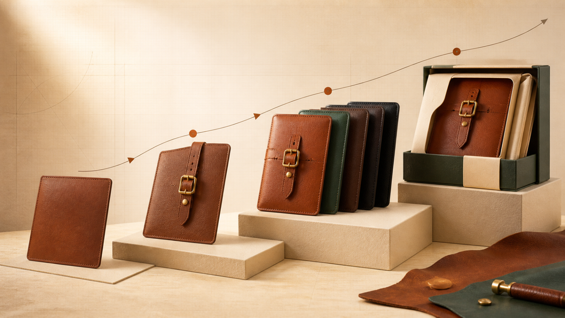 Leather goods product complexity progressing from simple material to hardware, color variants, and retail packaging