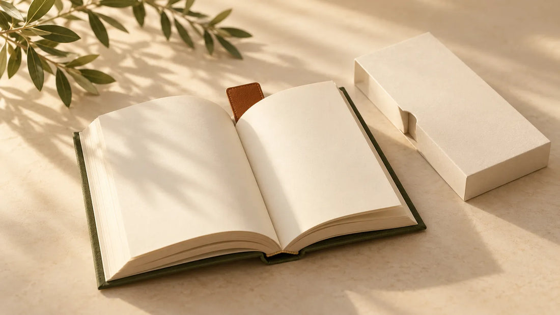 Concept reading and gift scene with a blank leather bookmark, books and simple stationery packaging