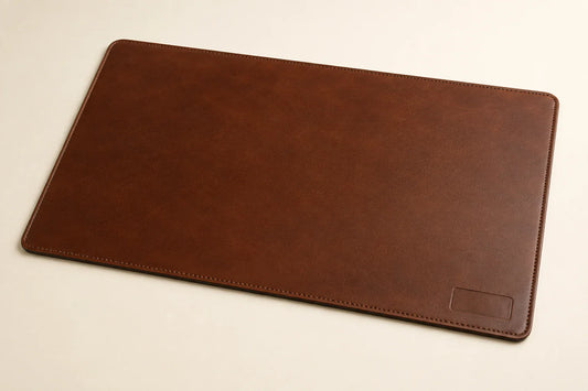 Brown custom leather desk mat with stitched border and blank logo-ready area