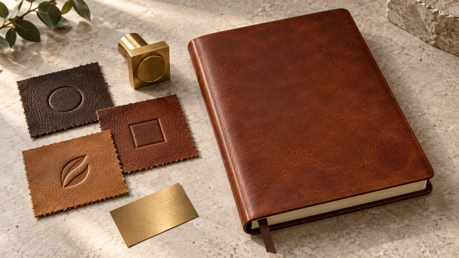 Leather journal logo approval setup with brass die, foil sample and leather strike-offs