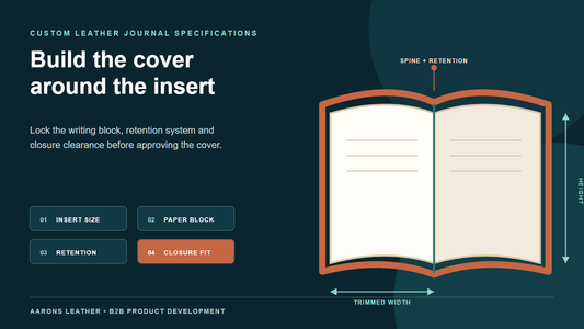 Custom leather journal specification blueprint showing insert size, paper block, retention and closure fit