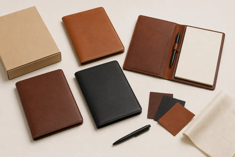 Custom leather journals and notebooks with packaging and leather swatches for wholesale brand projects