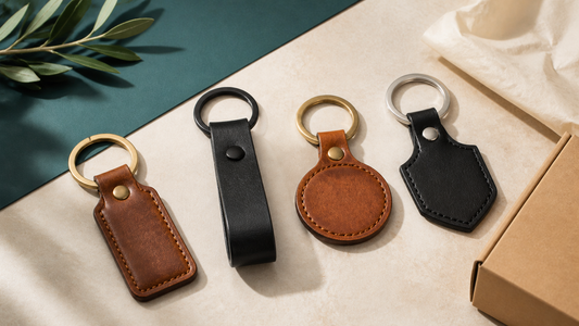 Four unbranded leather keychain shapes with brass, black, and silver hardware prepared for a B2B sourcing comparison