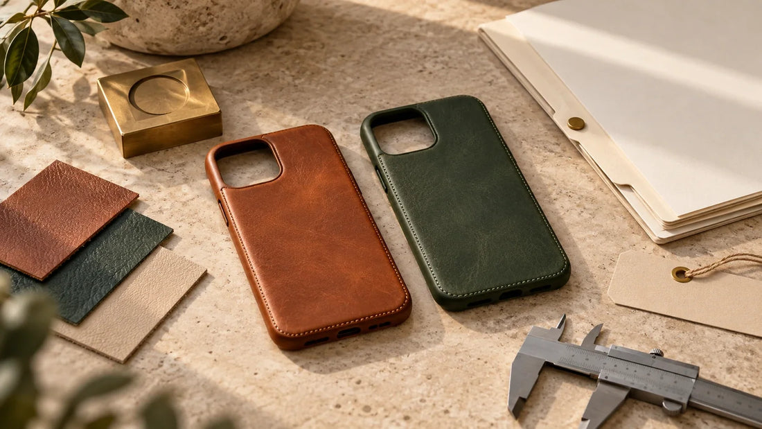 Custom leather phone case reorder review with two case generations, leather swatches and tooling references