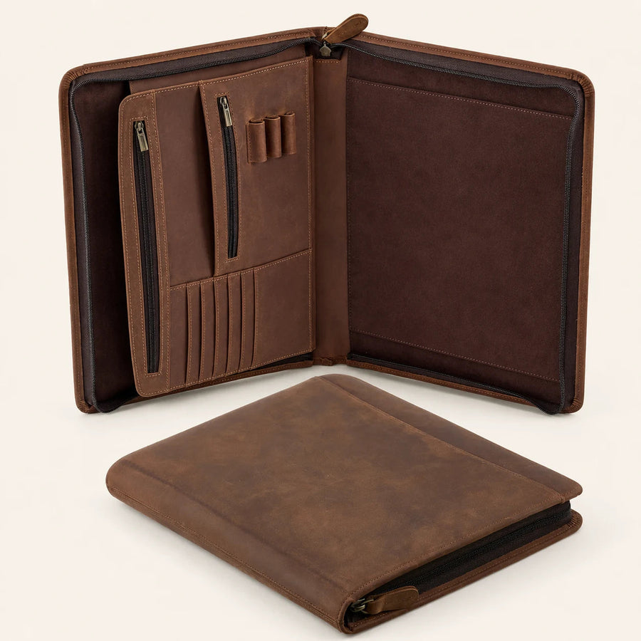 Leather portfolio shown open and closed for a corporate stationery program