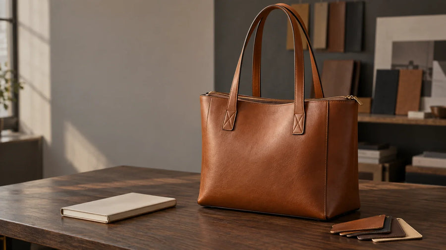 Premium cognac leather work tote in a materials studio for wholesale specification planning