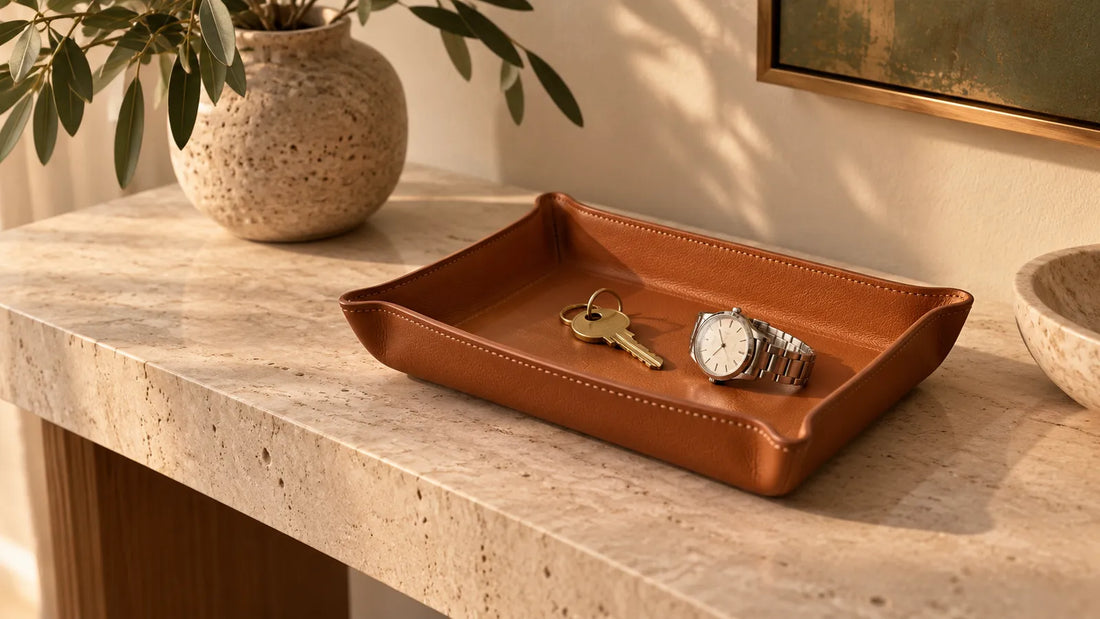 Concept scene of a leather valet tray holding keys and a watch on a light stone console