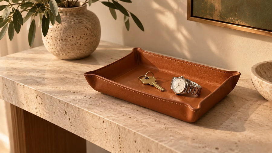Concept scene of a leather valet tray holding keys and a watch on a light stone console