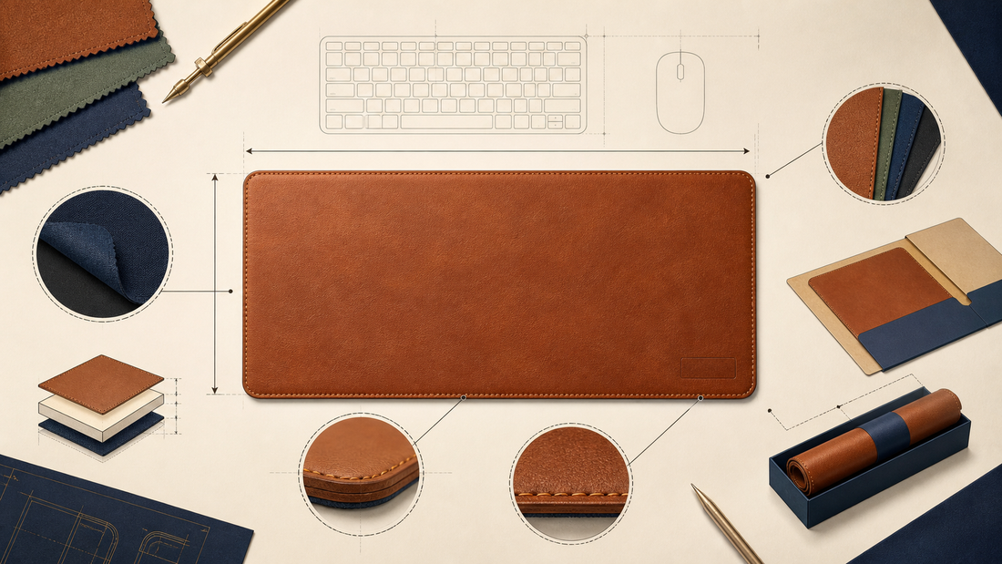Editorial blueprint of a custom leather desk mat showing dimensions, backing, edges, and packaging