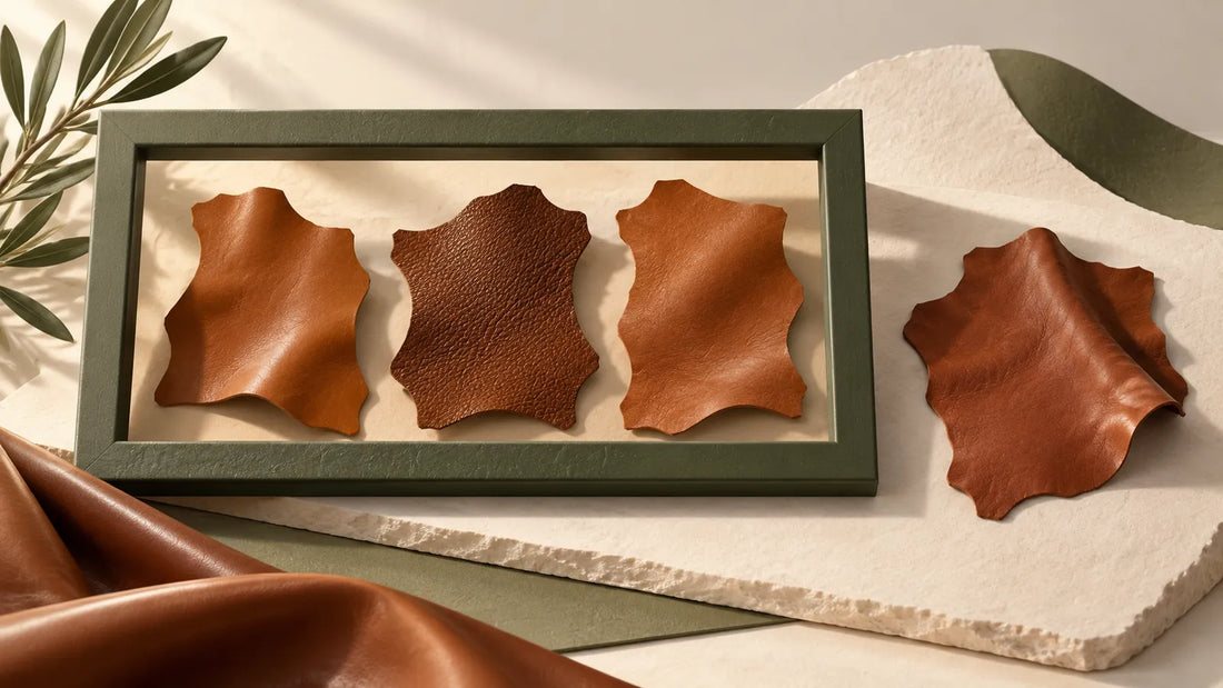 AI editorial illustration of leather samples inside and outside a frame, suggesting a product-scope check