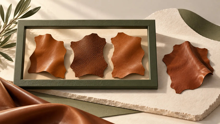 AI editorial illustration of leather samples inside and outside a frame, suggesting a product-scope check