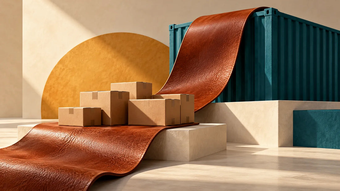 AI editorial concept with plain export cartons, a leather strip and an abstract shipping-container form
