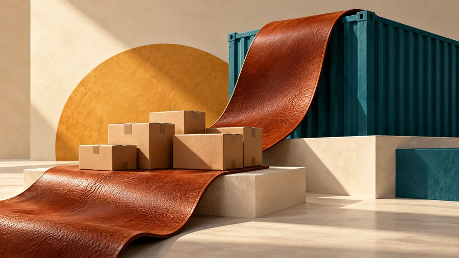 AI editorial concept with plain export cartons, a leather strip and an abstract shipping-container form